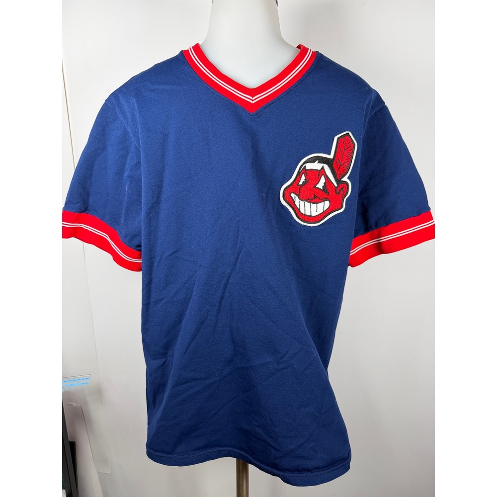 Kids Vintage Sand-Knit Cleveland Indians Chief Wahoo Jersey Navy Blue Size Large